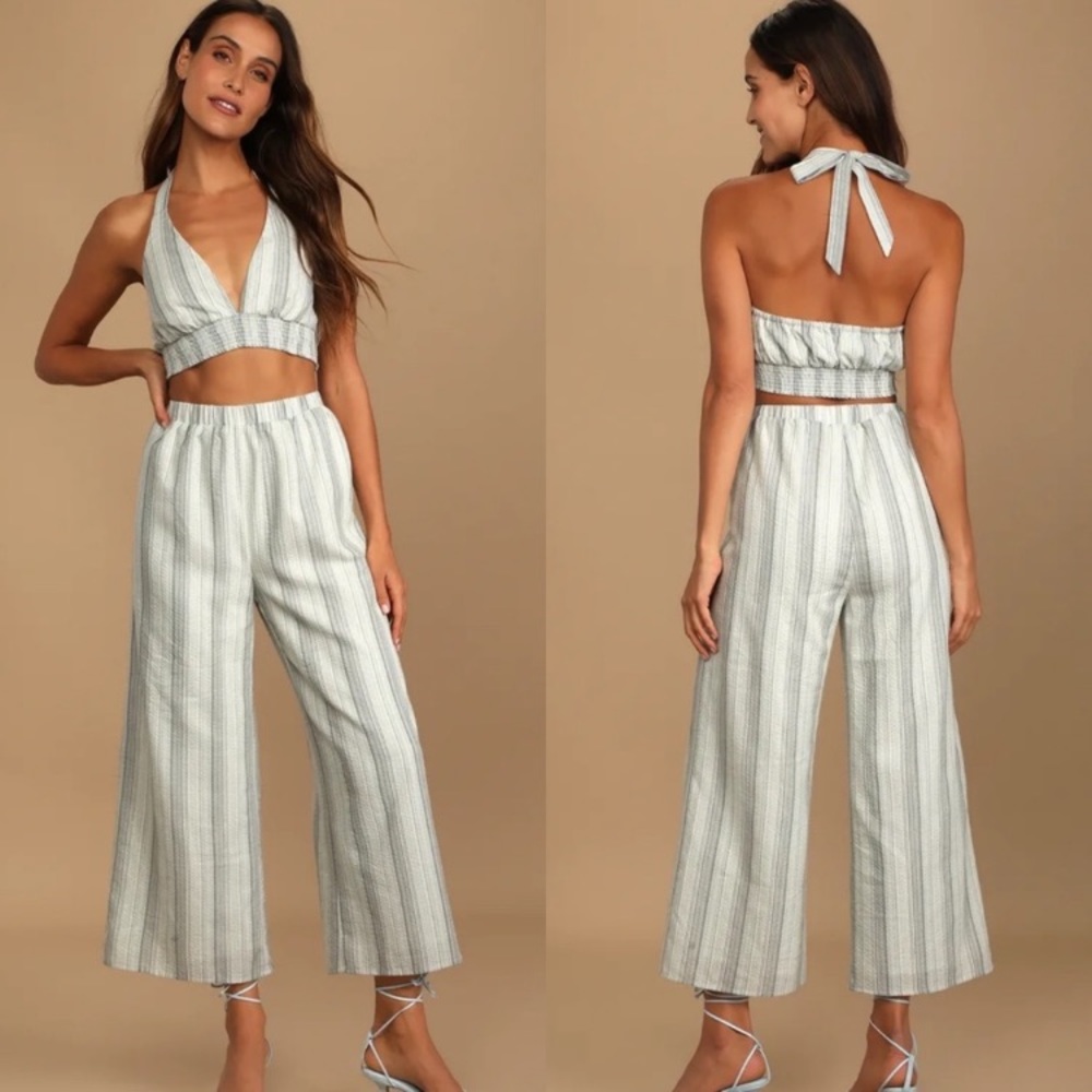 Lulus Set Sail Sage Green Striped Two-Piece Wide-Leg Jumpsuit